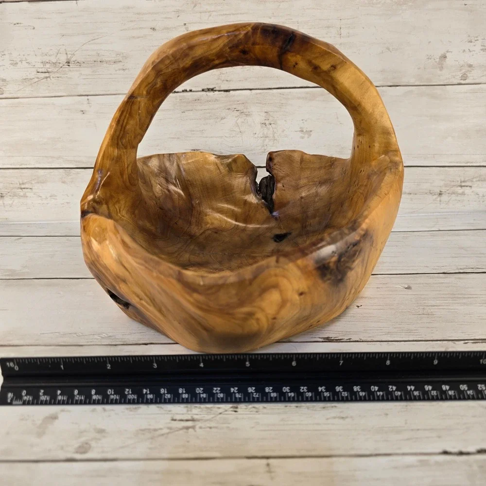 Hand Carved Live Edge Cedar Wood Basket Rustic Log Centerpiece Bowl with Handle